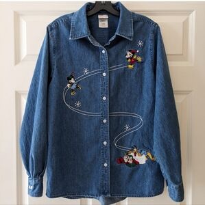 Christmas Disney denim button front shirt embroidery Mickey Minnie Pluto Goofy L